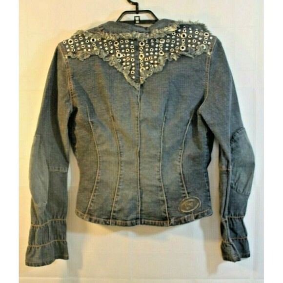 Parasuco Ergonomic jeans Denim Jacket Ruffled Jean Coat Rhinestones SZ L - Picture 1 of 7